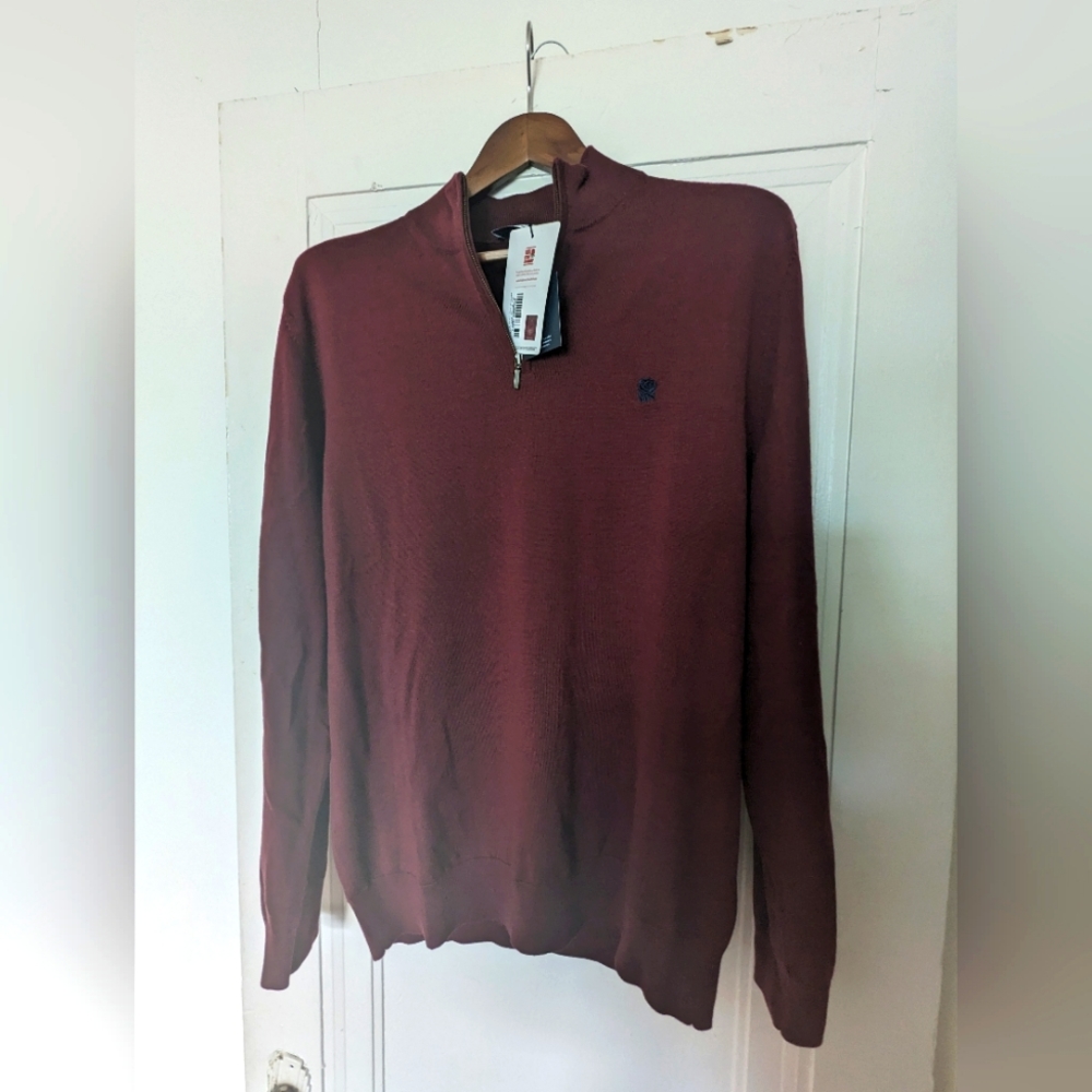 Charles Tyrwhitt Men's Burgundy England Merino Quarter Zip Sweater, Large (NWT)
